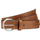 A Men's Justin brand brown full-grain leather western belt with a brass finish buckle and silver accent stitching. Front View