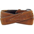 A Men's Justin brand brown full-grain leather western belt with a brass finish buckle and silver accent stitching. Rear View
