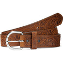 Men's tooled leather Western style belt with a silver-plated buckle and intricate scroll pattern. Front View