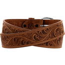 Men's tooled leather Western style belt with a silver-plated buckle and intricate scroll pattern. Rear View