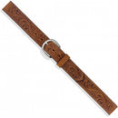 Men's tooled leather Western style belt with a silver-plated buckle and intricate scroll pattern. Aerial view laid flat. 