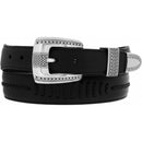 A black leather belt with a silver-plated buckle and intricate detailing on the hardware. Front View