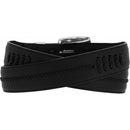 A black leather belt with a silver-plated buckle and intricate detailing on the hardware.  
Rear View