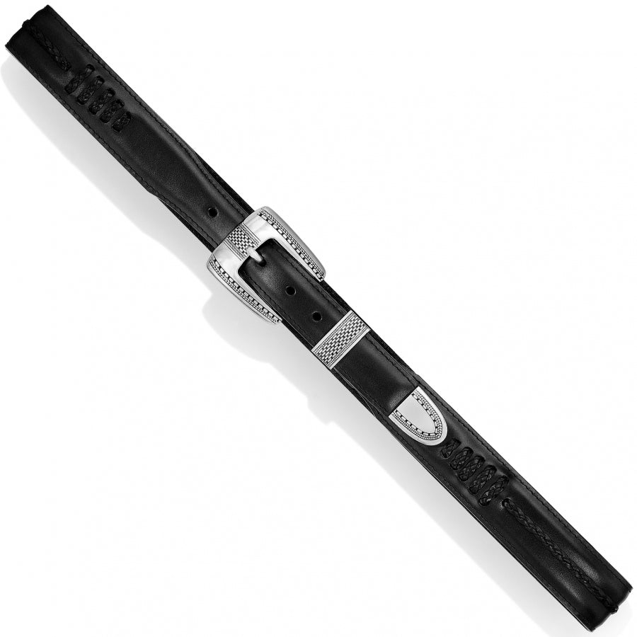 A black leather belt with a silver-plated buckle and intricate detailing on the hardware. 