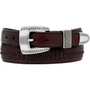  A finely etched, antique washed silver-plate buckle and keepers design give this brown leather belt a refined look. Front View