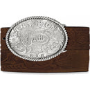 A Men's Western style tooled leather belt in aged bark color. It features a silver engraved buckle with the words 'Champion' and the Justin logo. Front View