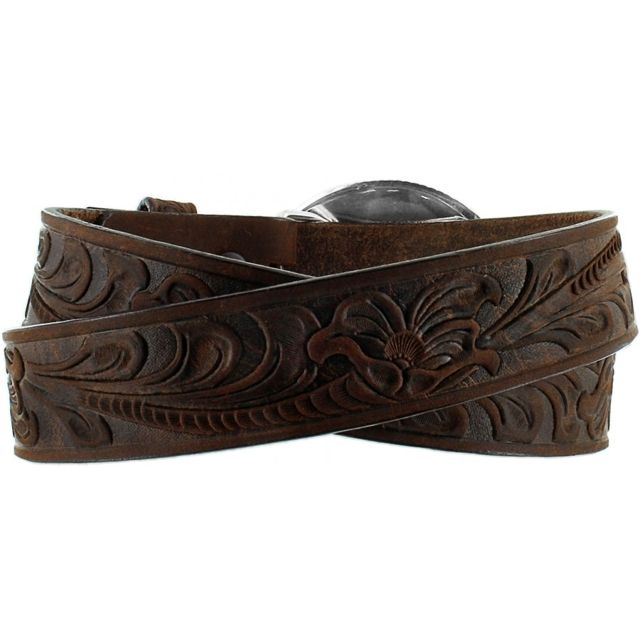 A Men's Western style tooled leather belt in aged bark color. It features a silver engraved buckle with the words 'Champion' and the Justin logo. Rear View
