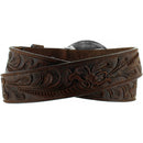 A Men's Western style tooled leather belt in aged bark color. It features a silver engraved buckle with the words 'Champion' and the Justin logo. Rear View