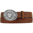 Children's brown leather embossed belt with a decorative silver plaque buckle featuring a heart design. Front View