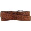 Children's brown leather embossed belt with a decorative silver plaque buckle featuring a heart design. Rear View