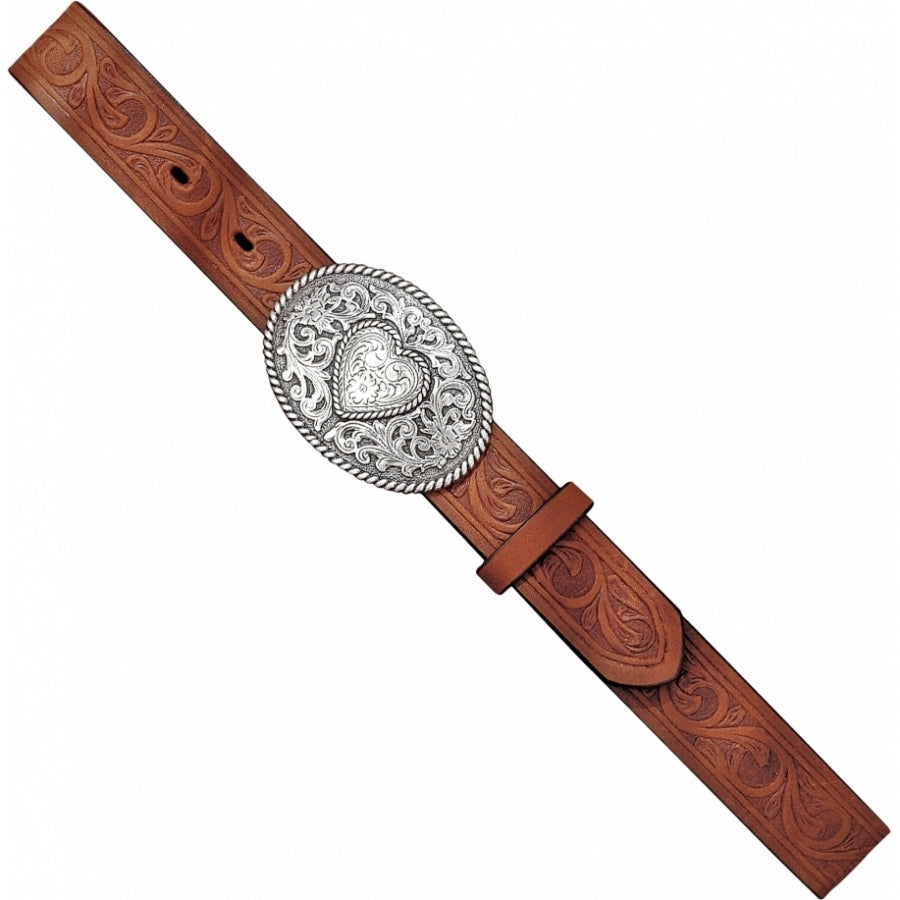 Children's brown leather embossed belt with a decorative silver tone oval  buckle featuring a heart design. Top view laid flat. 