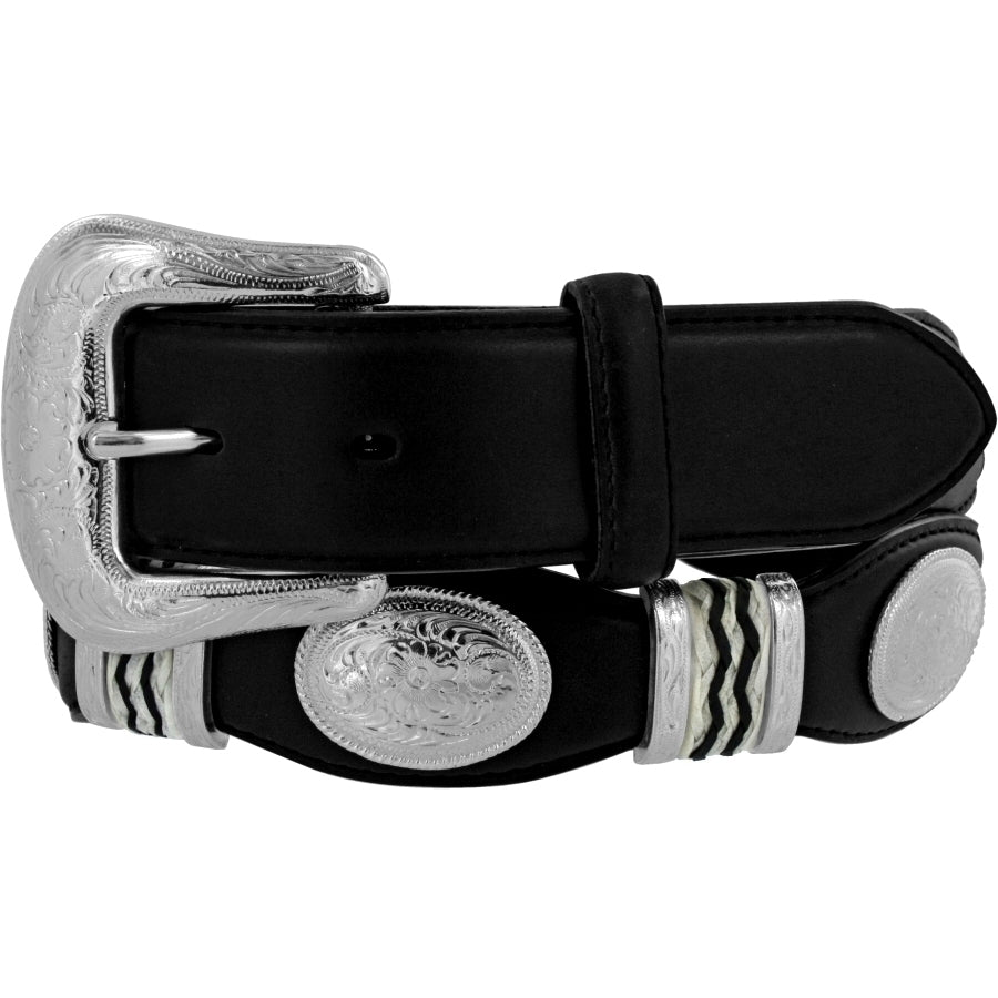 Tony Lama black leather belt with silver-plated buckle and Western style concho details. Front View