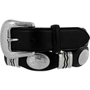 Tony Lama black leather belt with silver-plated buckle and Western style concho details. Front View