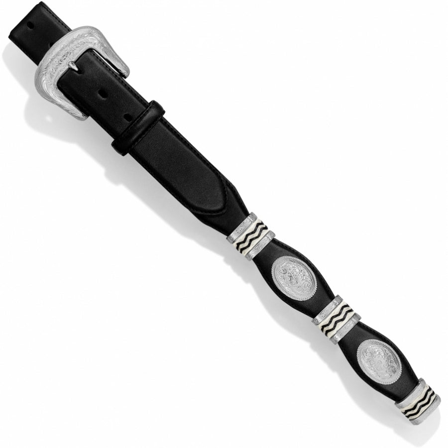 Tony Lama black leather belt with silver-plated buckle and Western style concho details.