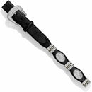 Tony Lama black leather belt with silver-plated buckle and Western style concho details.