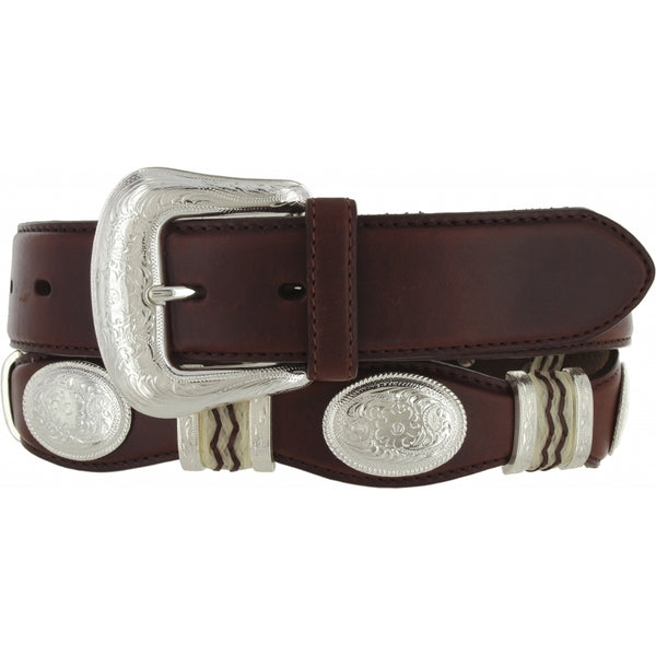Brown Western style leather belt with concho detailing and a silver buckle. Front View