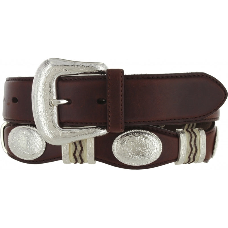 Brown Western style leather belt with concho detailing and a silver buckle. Front View