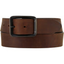A Men's brown leather belt with an oxidized metal buckle. Front View