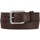 A brown leather bomber belt with a matte antique roller buckle and a 1 5/8" latigo leather strap and keeper. Front View
