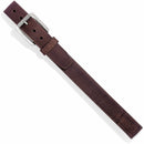 A brown leather bomber belt with a matte antique roller buckle and a 1 5/8" latigo leather strap and keeper.