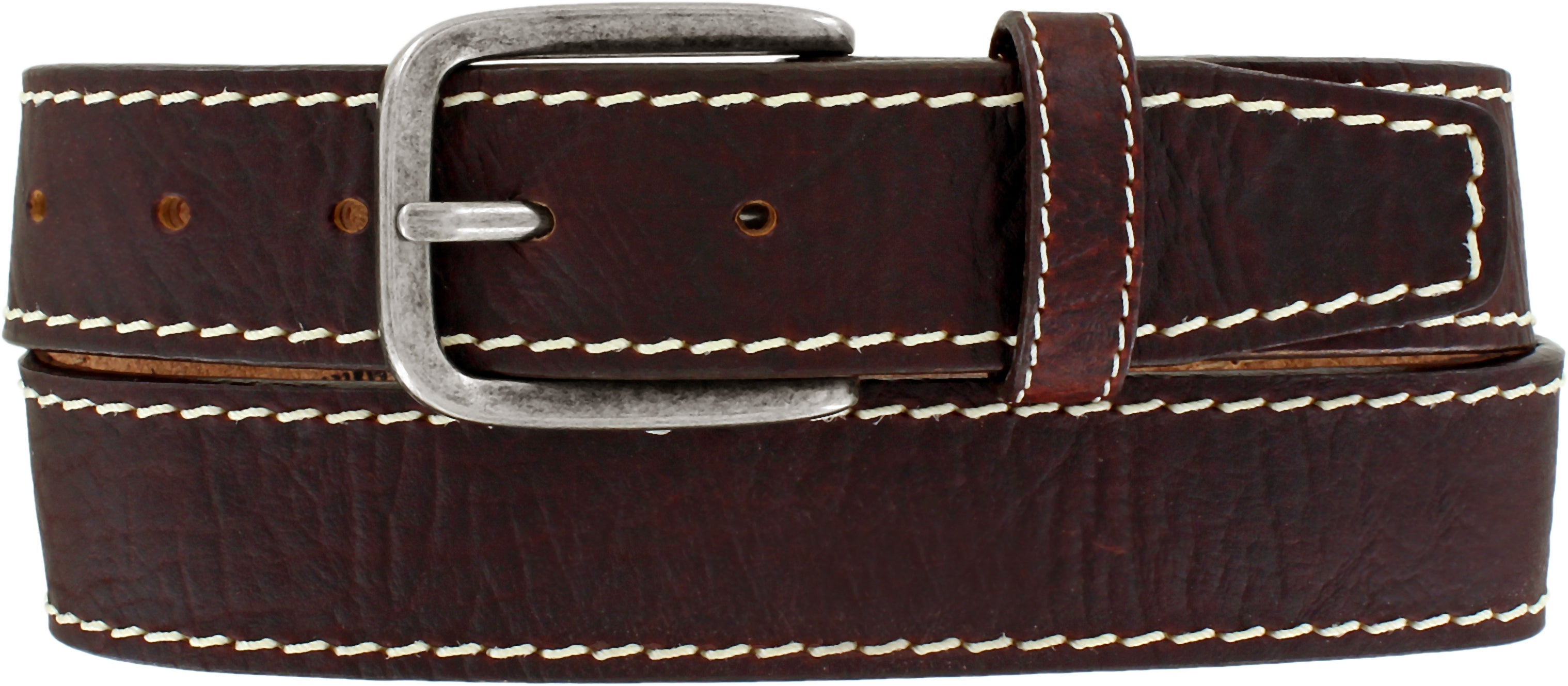 A brown American Bison leather belt with white contrasting stitching and a gunmetal buckle. Front View