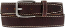 A brown American Bison leather belt with white contrasting stitching and a gunmetal buckle. Front View