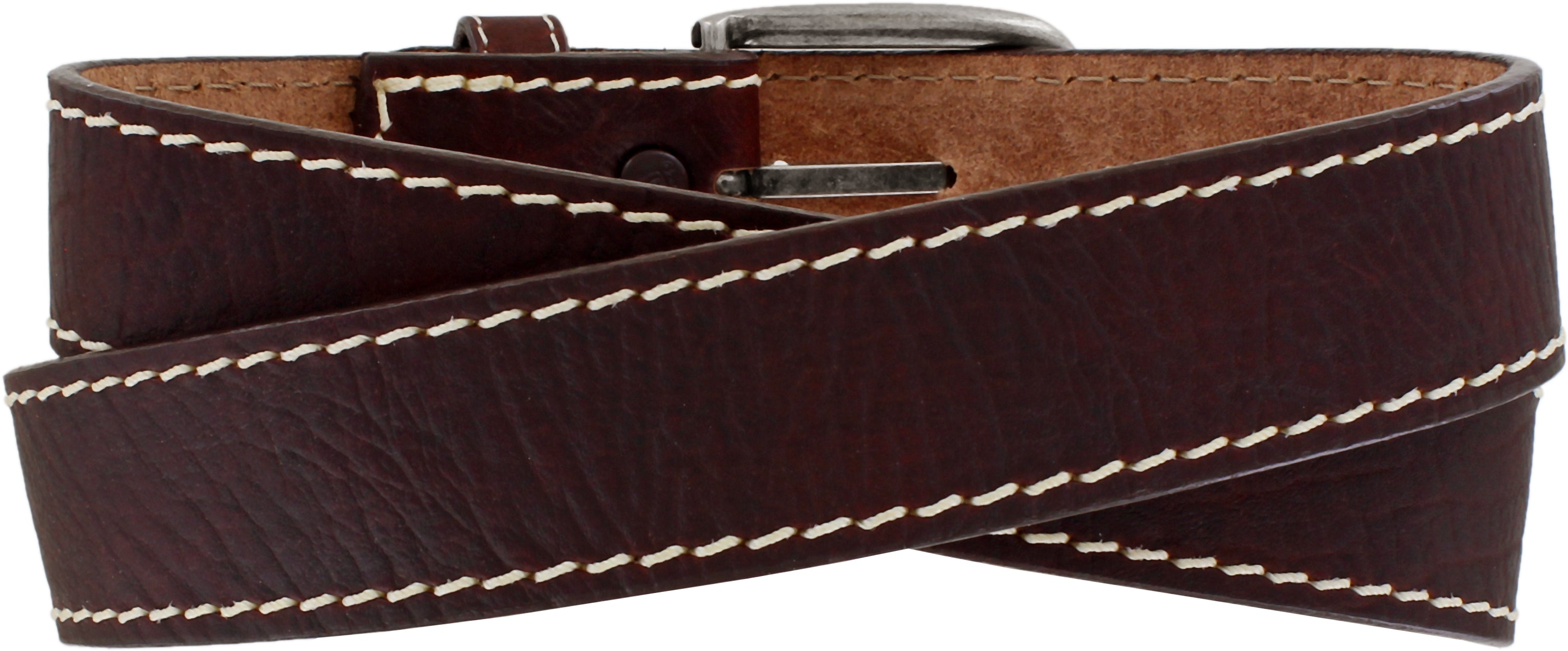 A brown American Bison leather belt with white contrasting stitching and a gunmetal buckle. Rear View