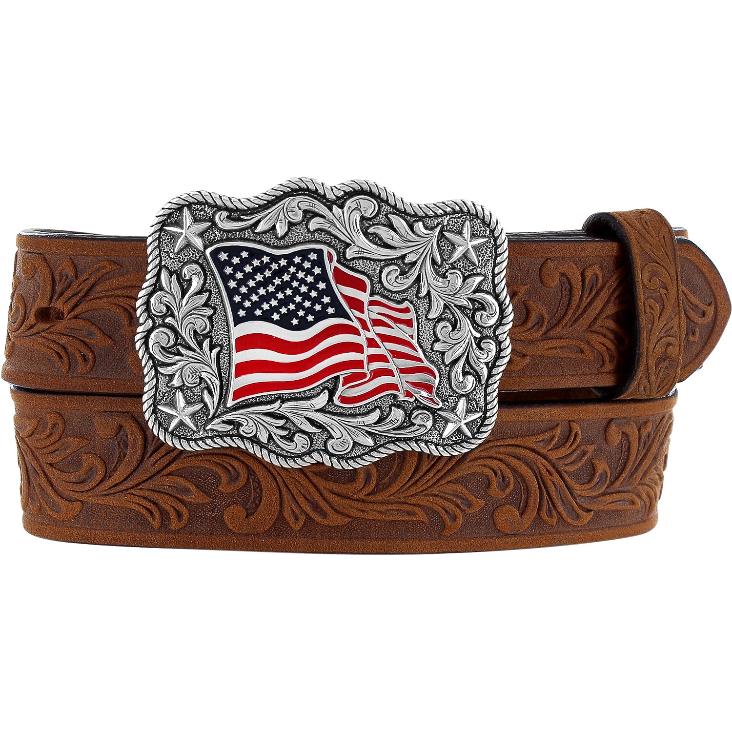 Children's brown western style leather belt with USA Flag buckle Front View