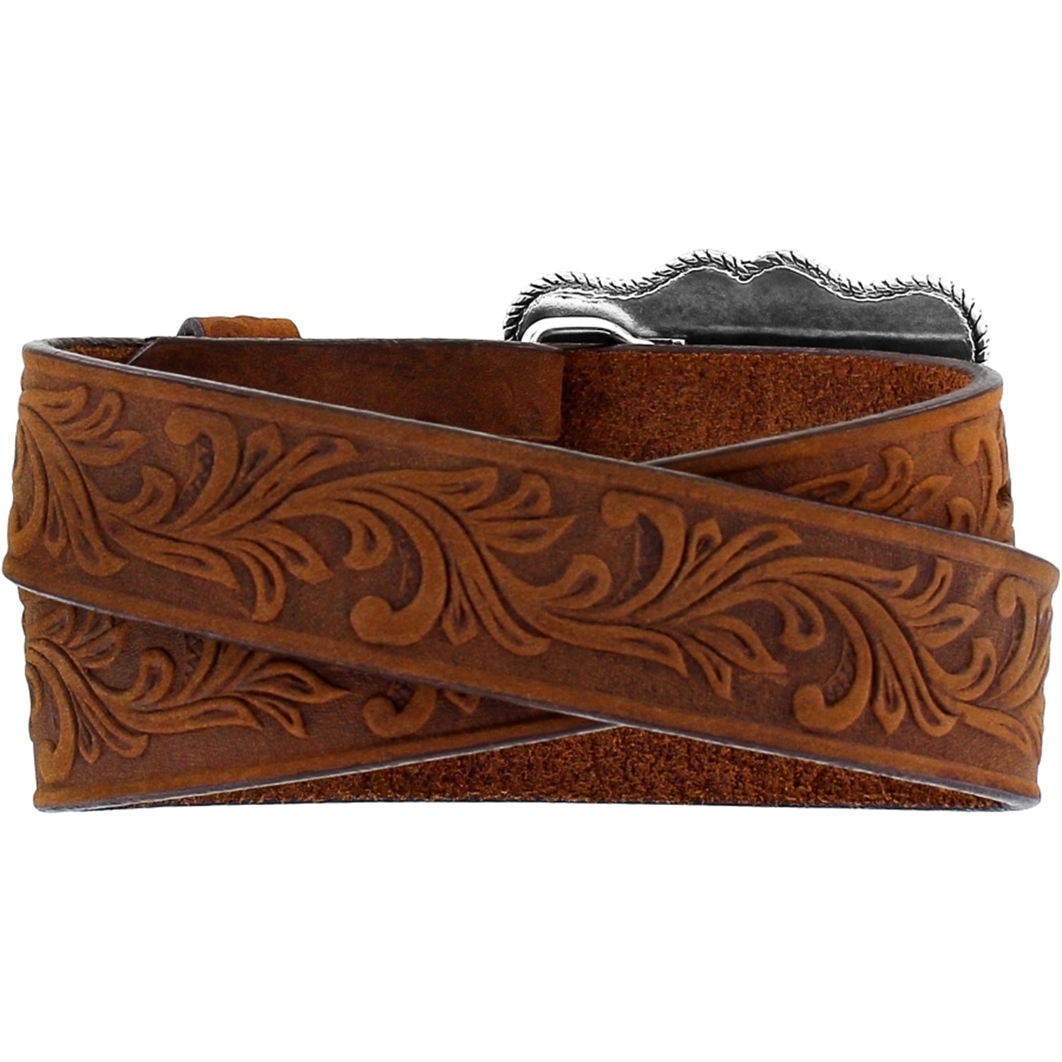 Children's brown western style leather belt with USA Flag buckle Back View