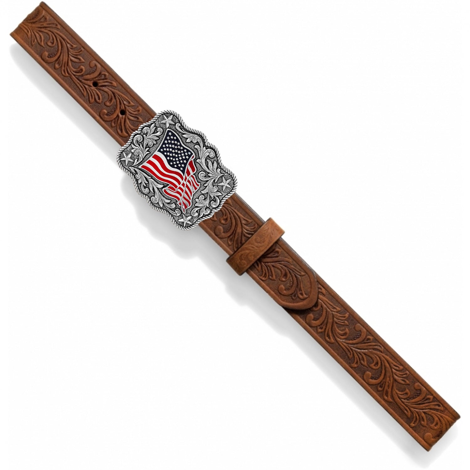 Children's brown western style leather belt with USA Flag buckle Top view laid flat.