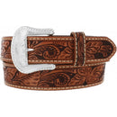 A brown floral hand tooled Western style leather belt with a silver-plated buckle. Front View
