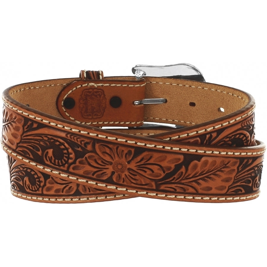 A brown floral hand tooled Western style leather belt with a silver-plated buckle.
Rear View