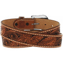 A brown floral hand tooled Western style leather belt with a silver-plated buckle.
Rear View