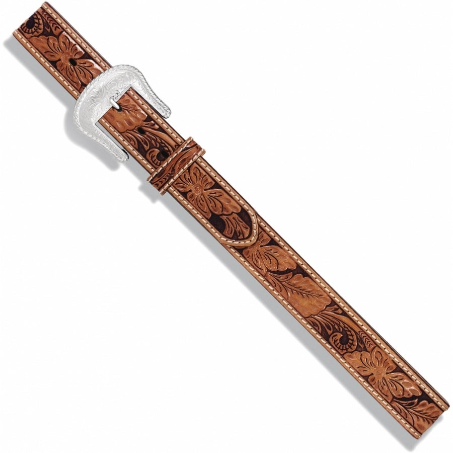 A brown floral hand tooled Western style leather belt with a silver-plated buckle.