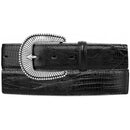 Tony Lama black lizard print leather dress belt with a metallic buckle. Front View