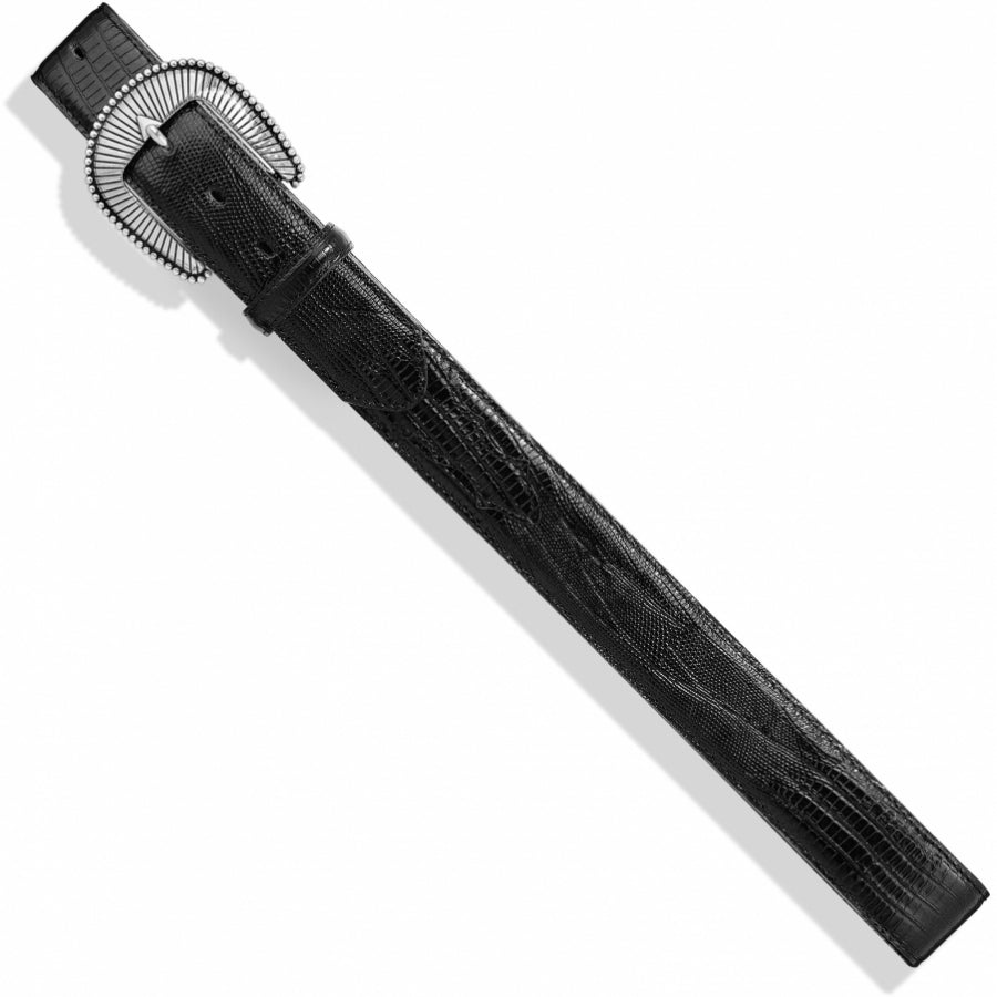 Tony Lama black lizard print leather dress belt with a metallic buckle. Aerial view laid flat. 