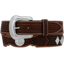 A brown leather western belt with a silver-plated buckle and concho detailing.