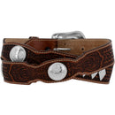 A brown leather western belt with a silver-plated buckle and concho detailing.