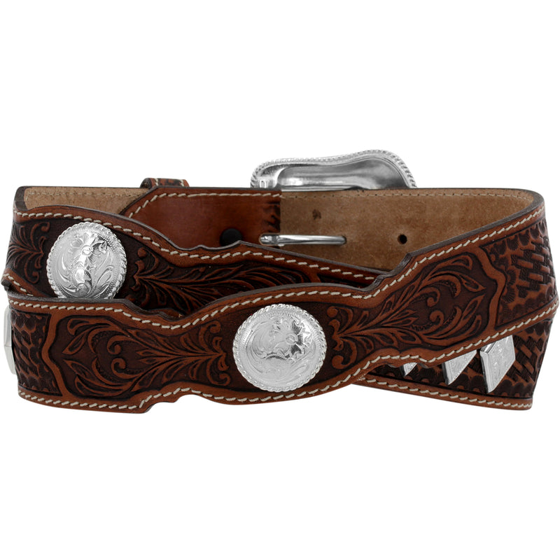 A brown leather western belt with a silver-plated buckle and concho detailing.