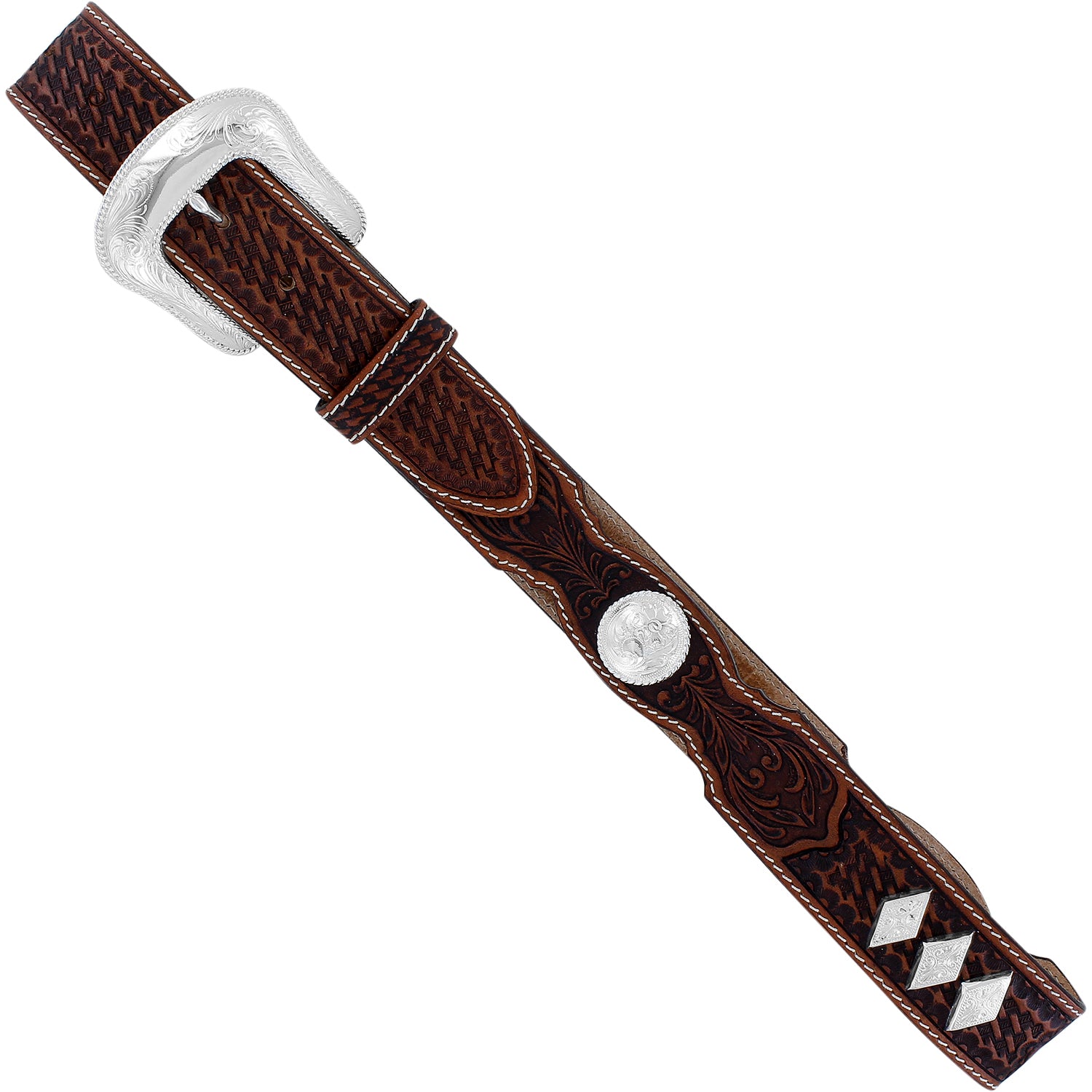 A brown leather western belt with a silver-plated buckle and concho detailing.
