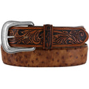A tan-colored leather belt with a floral embossed pattern, ostrich print leather and it features a silver plated buckle. Front View