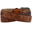 A tan-colored leather belt with a floral embossed pattern, ostrich print leather and it features a silver plated buckle.
Rear View