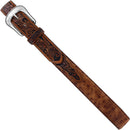 A tan-colored leather belt with a floral embossed pattern, ostrich print leather and it features a silver plated buckle.