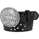 A black leather Western Style pierced filigree belt with a silver-plated plaque buckle featuring intricate filigree design. Front View