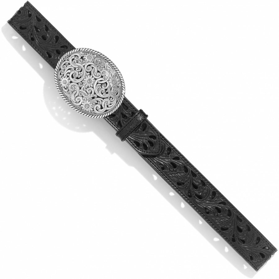 A black leather Western Style pierced filigree belt with a silver-plated oval buckle featuring intricate filigree design. Aerial view laid flat. 
