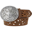 Women's Tony Lama belt with a brown leather strap and a silver-plated filigree Western style trophy buckle. Front View