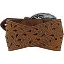 Women's Tony Lama belt with a brown leather strap and a silver-plated filigree Western style trophy buckle. Rear View