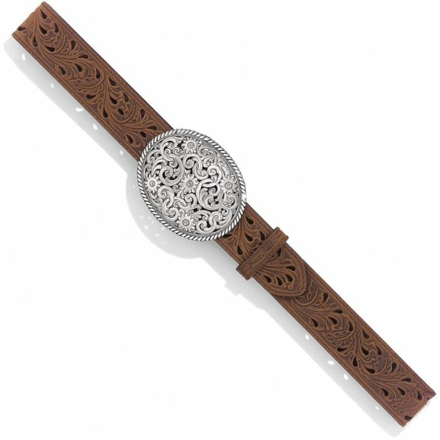 Women's Tony Lama belt with a brown leather strap and a silver-plated filigree Western style trophy buckle.