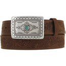 Women's Tony Lama brown Western Style leather belt with a silver-plated buckle featuring a turquoise stone. Front View