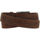 Women's Tony Lama brown Western Style leather belt with a silver-plated buckle featuring a turquoise stone. Rear View